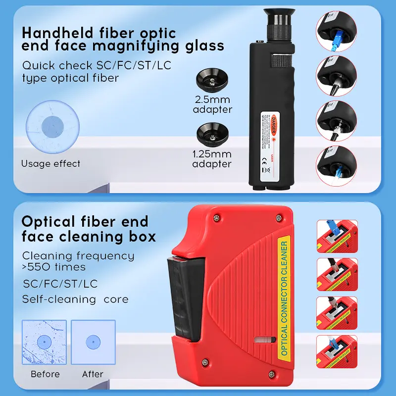 COMPTYCO fiber optic tool kit 13 pieces, one click 1.25/2.5mm SC FC ST LC cleaning pen/box fiber optic cleaner 400X fiber optic microscope fiber optic cleaning tool kit