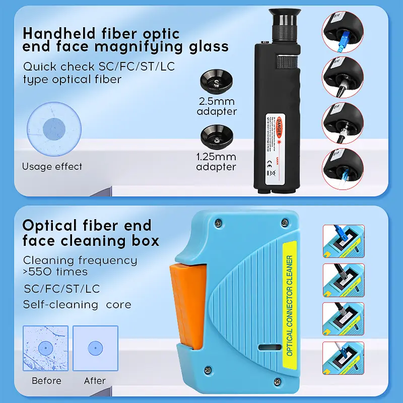 COMPTYCO Fiber End Face Cleaning 14 Piece Kit 400X Fiber Magnifier MPO Cleaning Pen Y3 Clean Paper Blue Cleaning Box