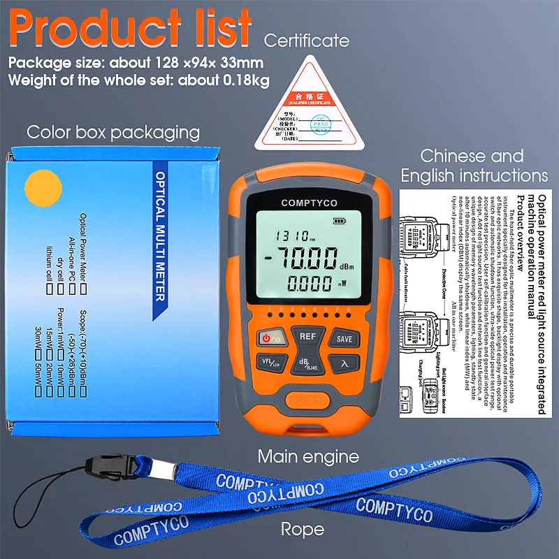 COMPTYCO High Precision Optical Multi Meter Multi-function OPM+VFL+LED+RJ45 tester Visual Fault Locator Mini Optical Power Meter