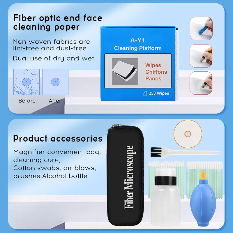 COMPTYCO Fiber Optic Tool Kit 13 piece set, Y3 dust-free paper/one click 1.25/2.5mm SC FC ST LC cleaning pen/box fiber optic cleaner 400X fiber optic magnifying glass fiber optic cleaning kit